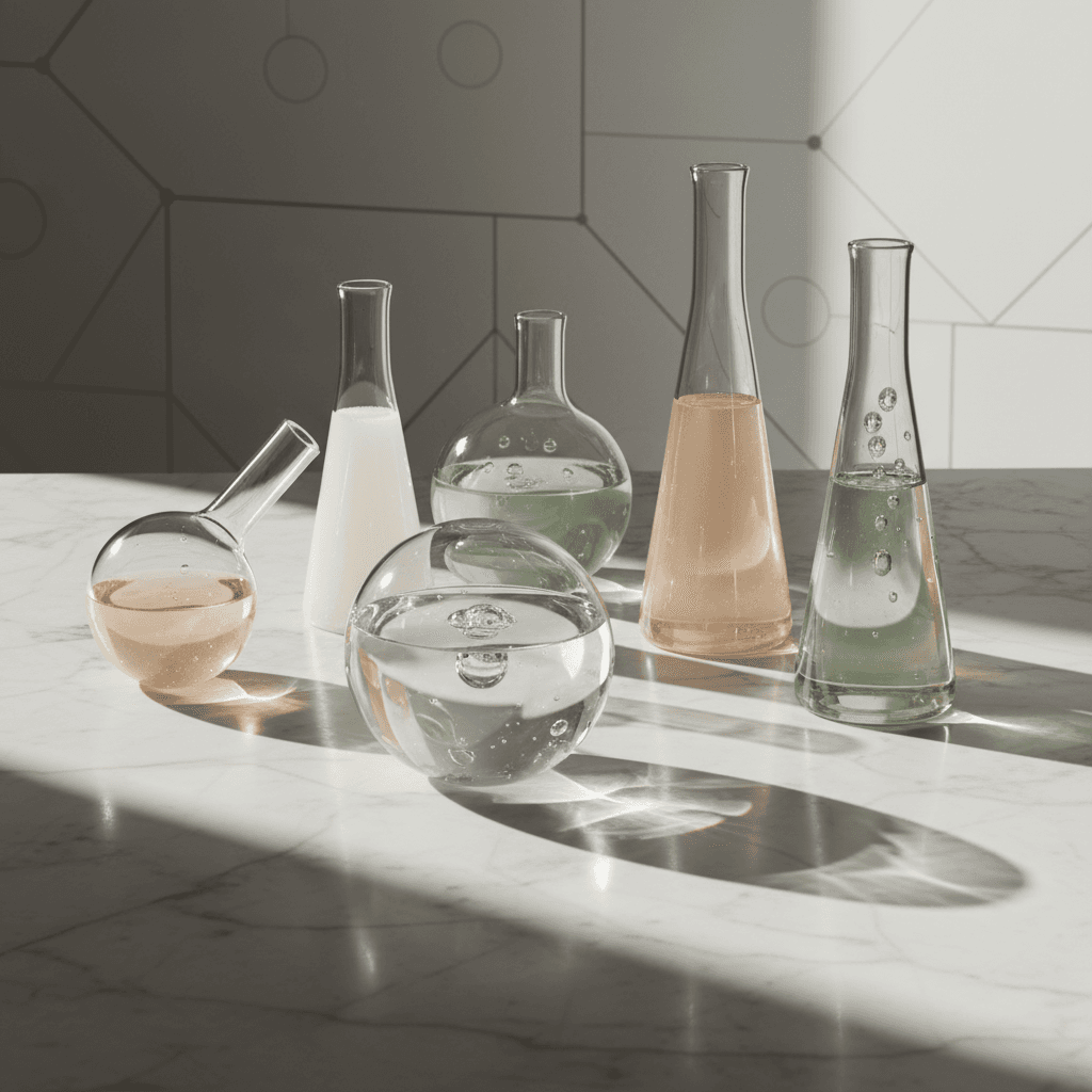 Premium laboratory glassware with bioactive compounds in precision fermentation setup