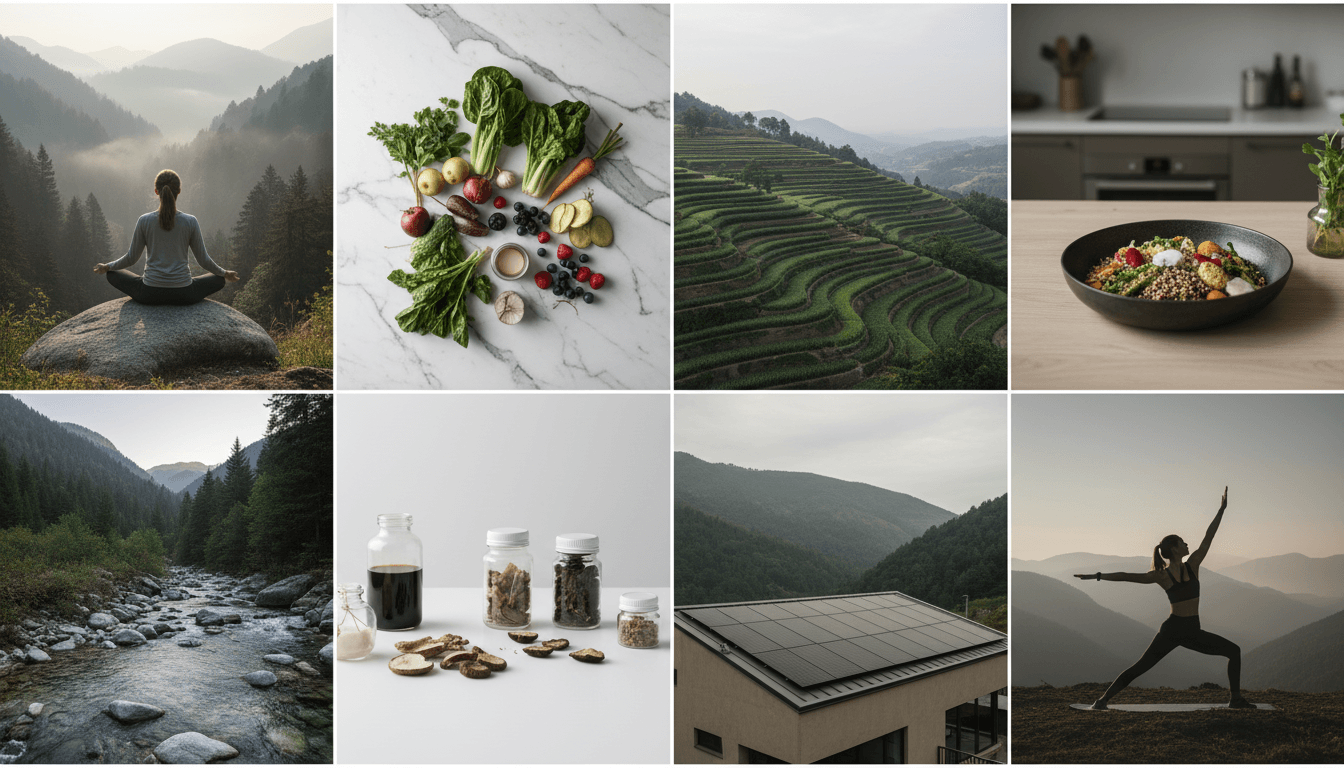 Biotech lab with natural extracts, sustainable agriculture terraces, functional mushrooms and supplements, wellness lifestyle imagery